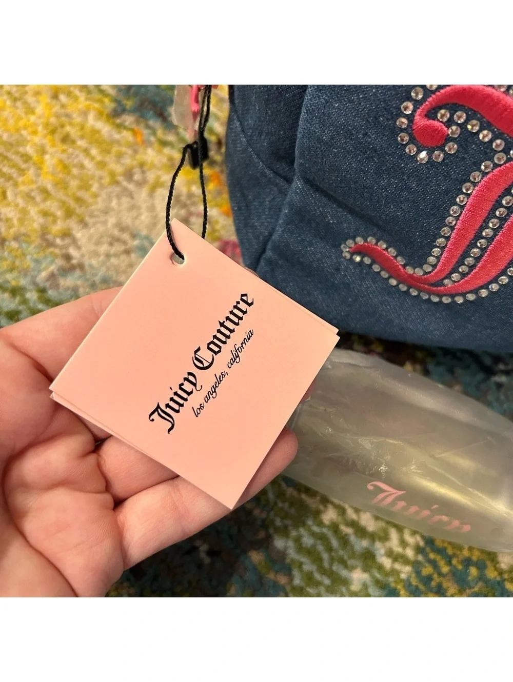 Juicy Couture Denim Pink Embroidered Cosmetic Bag & Toiletry Bottle NEW